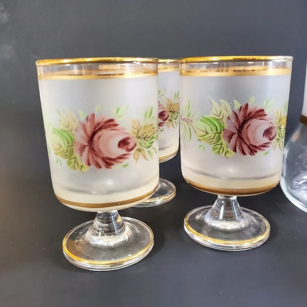 Cristallerie Hand-Painted Decanter & Glass Set MCM 1960s Made in Italy Vintage